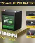 12V 6Ah LiFePO4 Battery with dimensions, F2 terminal, protective cover, 1.63 lb weight, for fish finders and solar UPS.