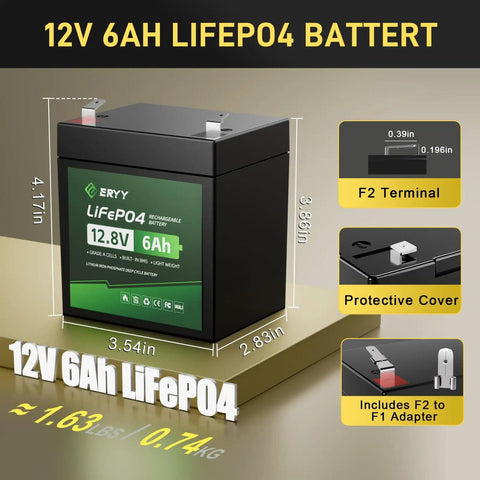 12V 6Ah LiFePO4 Battery with dimensions, F2 terminal, protective cover, 1.63 lb weight, for fish finders and solar UPS.
