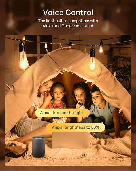 Children under tent with Smart Edison Bulbs WiFi LED E26 Dimmable ST64 45W Equivalent 2200K Soft White 350lm Cozy Amber Glow