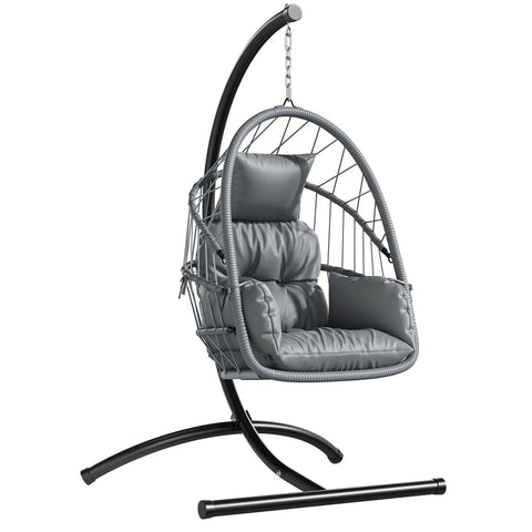 Hangin' Egg Chair With Stand, Wicker Rattan Swing Chair With 360 Degree Swivel, Cushions, Heavy Duty Iron Frame Supports Up To 330 Lbs For Indoor And Outdoor Use, Grey