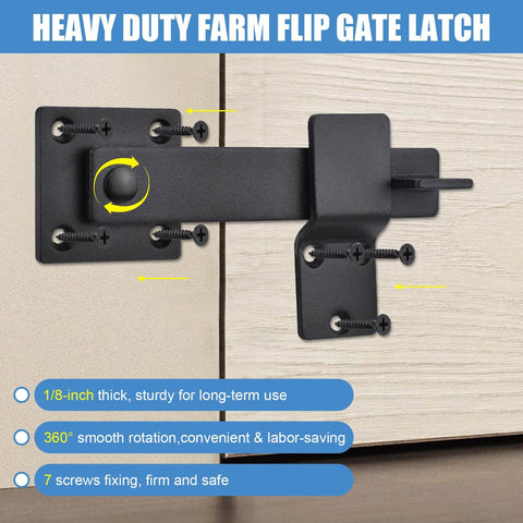 Installed view of a Heavy Duty Farm Gate Latch Set 6 Inch Flip Gate Latch for barn doors, powder-coated carbon steel.