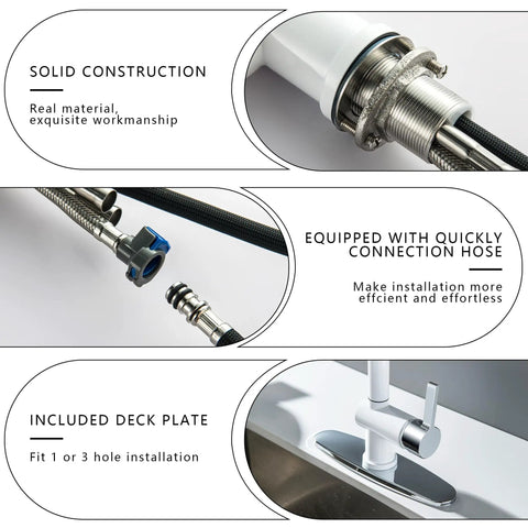 Close-up of LIWEIKE Utility Sink Faucet White Laundry Sink Faucet with Pull Down Sprayer, solid construction with connection hose and deck plate.