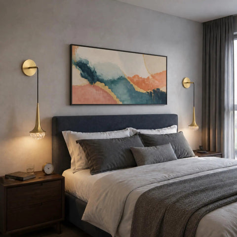 XYDikssn Gold Wall Sconce, Hardwired Wall Light with Brushed Brass and Clear Ribbed Glass Shade next to bed in modern bedroom.
