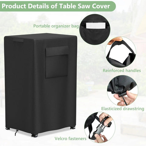 Heavy Duty Table Saw Cover Built To Handle Most Planer Machines With All Season Waterproof Oxford Cloth Make Up For Weekend Garage Jobs Fits Like A Charm Black Wrap with reinforced handles and drawstring.