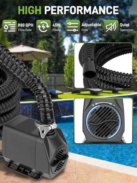 Outdoor Waterfall Kit With LED Lights And 880 GPH Pump near pool, showing pump and hose details.
