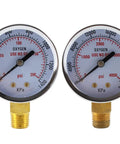 Low And High Pressure Gauges For Oxygen Regulator Set Two Inch Dial One Quarter Inch NPT Bottom Inlet Pair 0 To 4000 PSI Easy Read PSI And KPA Readouts brass oxygen gauges pair