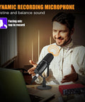 Man using Dynamic XLR USB Microphone for Podcasting and Streaming All Metal Studio Mic Kit With Noise Canceling USB C Port