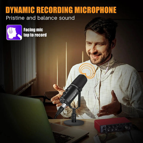 Man using Dynamic XLR USB Microphone for Podcasting and Streaming All Metal Studio Mic Kit With Noise Canceling USB C Port