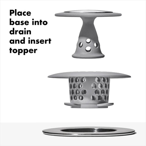 Stainless Steel Hair Catch Drain Protector With Two-Piece Design And Flexible Silicone Cone shown in separate parts before assembly