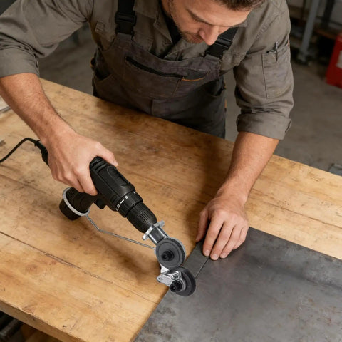 Portable Electric Metal Cutter Drill Attachment For Smooth Sheet Metal Roofing Ductwork Aluminum Siding Thin Steel Trimming in use.