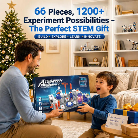 Science Kit For Kids Electronics Circuit Exploration Toy With 66 Pieces Includes Lights Fans Rockets And More Hands On STEM Learning That Sparks Creativity And Builds Real World Tech Skills For Curious Young Makers. father and son holding circuit kit box
