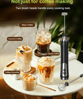 Boss Level Rechargeable Handheld Milk Frother Wand with IP67 Waterproof Build 3 Speed Settings next to coffee drinks on table