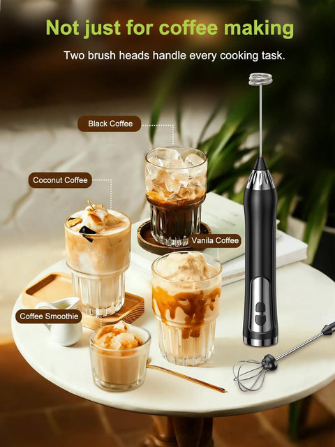 Boss Level Rechargeable Handheld Milk Frother Wand with IP67 Waterproof Build 3 Speed Settings next to coffee drinks on table