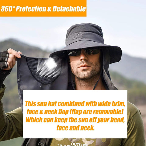 Person wearing Unisex Sun Hat With 360 Degree UV Protection, Wide Brim, Detachable Face Cover And Neck Flap in Dark Grey
