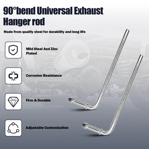 90 Degree Bend Universal Exhaust Hanger Rods Kit Fits A Wide Range Of Exhaust Pipes, mild steel, zinc plated, 90° bend