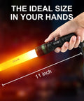 Person holding the Two Pack 11 Inch LED Signal Traffic Wand Flashlight 250 Lumen Red Flashing Mode With Wrist Strap, orange finish.