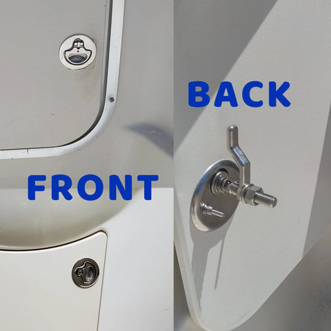 MX Boat Cam Latch, stainless steel marine hatch latch with flush pull, 2-piece set; front and back views.
