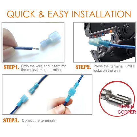 Image showing installation steps for 120Pc Spade Connector Set For 24 To 10 Gauge Wires Nylon Fully Insulated Quick Disconnect Crimp Terminals