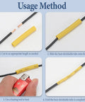 Usage method of All In One 750 Piece Heat Shrink Tubing Kit With 12 Color Coded Sizes showing steps to apply tubing on wire.