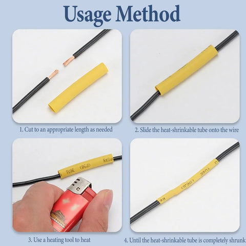 Usage method of All In One 750 Piece Heat Shrink Tubing Kit With 12 Color Coded Sizes showing steps to apply tubing on wire.