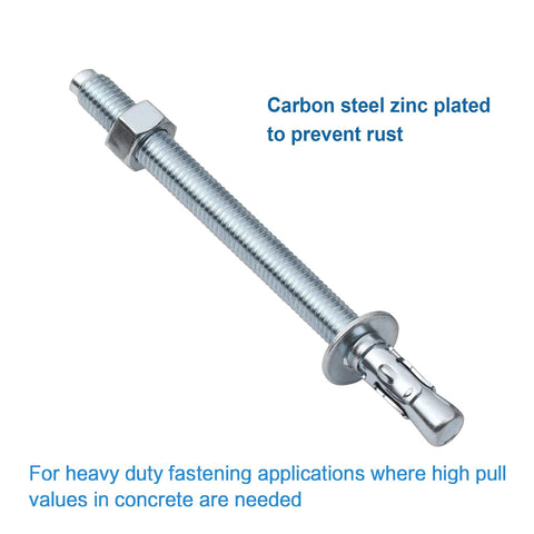 1/2 Inch By 5-1/2 Inch Wedge Anchors Zinc Plated Heavy Duty Fasteners For Concrete, carbon steel anchor with hex nut