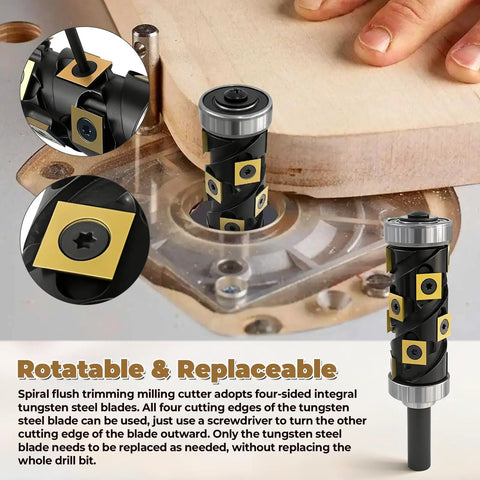 No Sweat 1/2 Inch Flush Trim Router Bit With Dual Top And Bottom Bearings for CNC routers with replaceable tungsten steel blades.