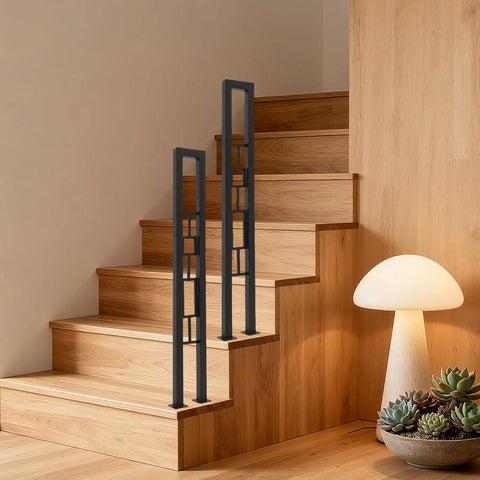 U Shaped Wrought Iron Stair Handrail Featuring Tough As Nails Rectangle Railing With Rock Solid Non Slip Base For Indoor Outdoor Porch Deck Loft Safety Support Two Pack Matte Black on wooden stairs.