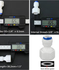 Three Eighth Inch Female Thread Straight To One Quarter Inch Push In Quick Connect Fitting For RO Water Filtration Systems PE Hose OD 6.5mm Plastic Joint Bev Dispenser Five Pack with measurements and silicone gasket