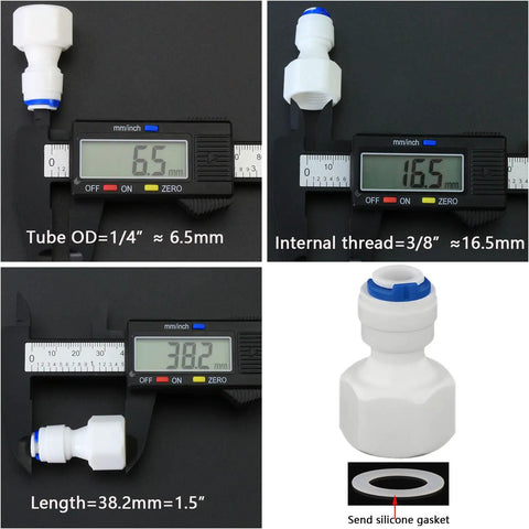 Three Eighth Inch Female Thread Straight To One Quarter Inch Push In Quick Connect Fitting For RO Water Filtration Systems PE Hose OD 6.5mm Plastic Joint Bev Dispenser Five Pack with measurements and silicone gasket