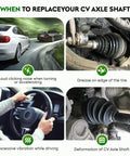 Signs to replace CV axle shaft including noise, grease, vibration, and deformation in automotive illustration.