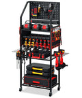 All In One Power Tool Organizer Cart With Charging Station And Wheels For Garage Ready Heavy Duty Tool Storage With Pegboard Hooks 24 Large Drill Racks And 8 Outlets For Easy Charging And On The Go Mobility