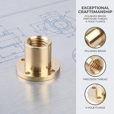 Beefy Brass Lead Screw Flange Nut With Right Hand Trapezoidal Thread 12mm Diameter for 3D Printers CNC Machines shown on blueprint