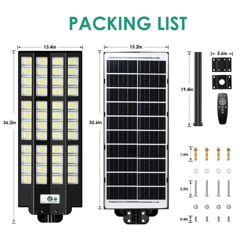 Packing list of 12000W Solar Street Lights Outdoor Waterproof Two Pack Large Parking Lot Flood Lights with included accessories