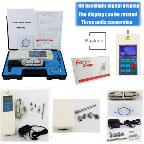 Handy Digital Force Gauge Push And Pull Meter With Inner Sensor 100N 10Kg 22Lb Three Units High Resolution Dynamometer RS232 Output Accurate About Half Percent Workhorse For Lab Workshop And DIY Testing, kit and accessories