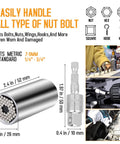 22 Piece Flexible Drill Bit Extension Set With 105 Degree Right Angle Attachment Bendable Socket Adapter And Screwdriver Bits showing universal socket and its dimensions in a collage with usage examples.