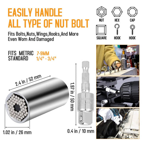 22 Piece Flexible Drill Bit Extension Set With 105 Degree Right Angle Attachment Bendable Socket Adapter And Screwdriver Bits showing universal socket and its dimensions in a collage with usage examples.