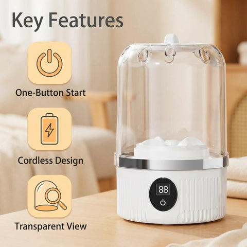 Pocket Sized Rechargeable Mini Washing Machine with a transparent design, one-button start, ideal for quick travel laundry.