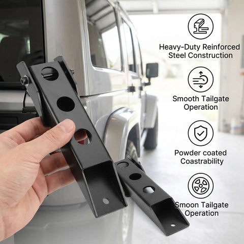 Heavy Duty Tailgate Hinge Set For Jeep Wrangler JK and JKU 2007 through 2018 showing reinforced steel construction and smooth operation.