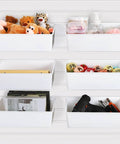 Six Pack Of Large Slatwall Storage Bins White PVC Slatwall Containers Stackable Bins For Garage And Tool Organization Hardware Organizer Baskets 13 X 9.7 X 4.3 Inches mounted on wall with items