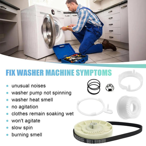 Technician repairing washer using Washer Pulley Clutch Kit And 21 Inch Drive Belt Replacement For Whirlpool Kenmore Maytag Washers