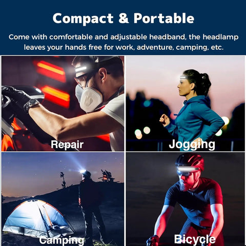Rechargeable Headlamp With Motion Sensor 230 Degree Wide Beam Seven Modes Waterproof For Hiking Running Camping Fishing Cycling