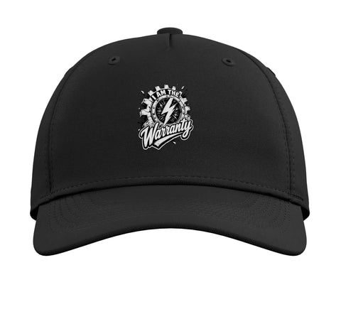 I Am The Warranty Shirt Style Hat With Mechanical Gear And Gauge Adjustable Baseball Cap showing front logo on black cap.