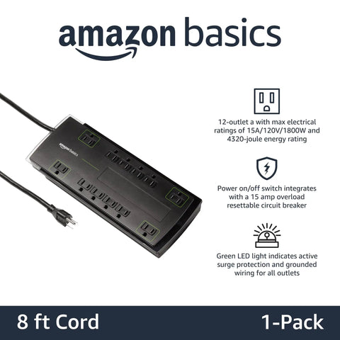 Beefy 12 Outlet Power Strip Surge Protector With 4320 Joules 8 Foot Cord Grounded Safety LED Indicator Black on white background