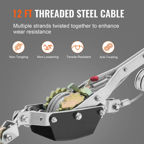 Come Along Winch 2 Ton Pulling Capacity With 12 Feet Steel Cable Dual Gear Beefy Built Ratchet Power Puller Tool With Two Hooks For Automotive Hoist And Vehicle Rescue, 12 ft steel cable detail