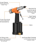 Go-To Pneumatic Hydraulic Rivet Nut Gun Set With 8 Mandrels and Storage Case, showing features and labeled components.