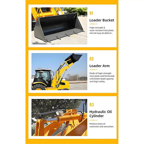 Backhoe Loader Do-It-All Combo For Farm Use showing steel loader bucket, arm, and hydraulic oil cylinder, compact tractor excavator