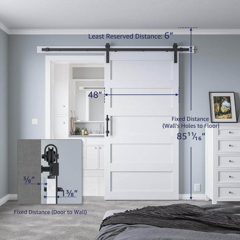 48 Inch By 84 Inch Sliding Barn Door With 8 Foot Hardware Kit And Handle, Pre Drilled Holes For Easy Assembly shown installed in a room.
