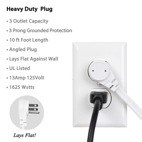 Flat Angled Indoor Extension Cord 10 Ft With Three Outlets UL Listed 3 Prong Power Wire Space Saving White Cord Ideal For Home Office Desk TV Stand And Appliance Setup Space Saving Flat Design For Under Desk And Wall Mounted Setups