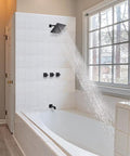 Matte Black 3 Handle Tub And Shower Faucet Set With Rainfall 8 Inch Shower Head Waterfall Tub Spout And Valve Trim Kit in bathroom
