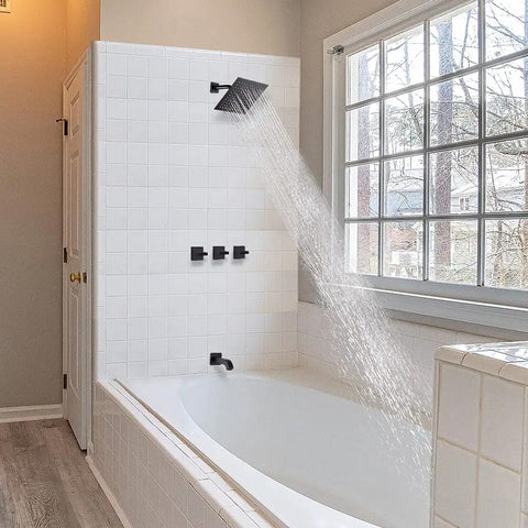 Matte Black 3 Handle Tub And Shower Faucet Set With Rainfall 8 Inch Shower Head Waterfall Tub Spout And Valve Trim Kit in bathroom